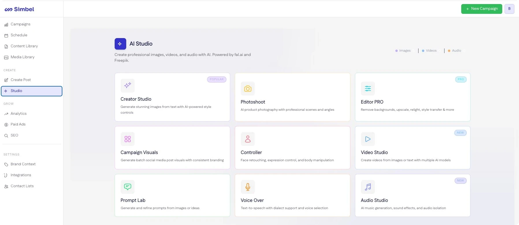 AI Creative Studio with 9 modules for images, video, and audio