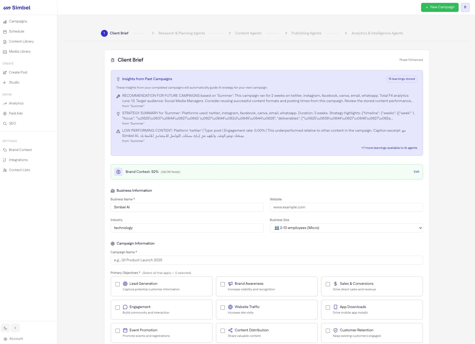 Campaign brief form with Arabic dialect selector