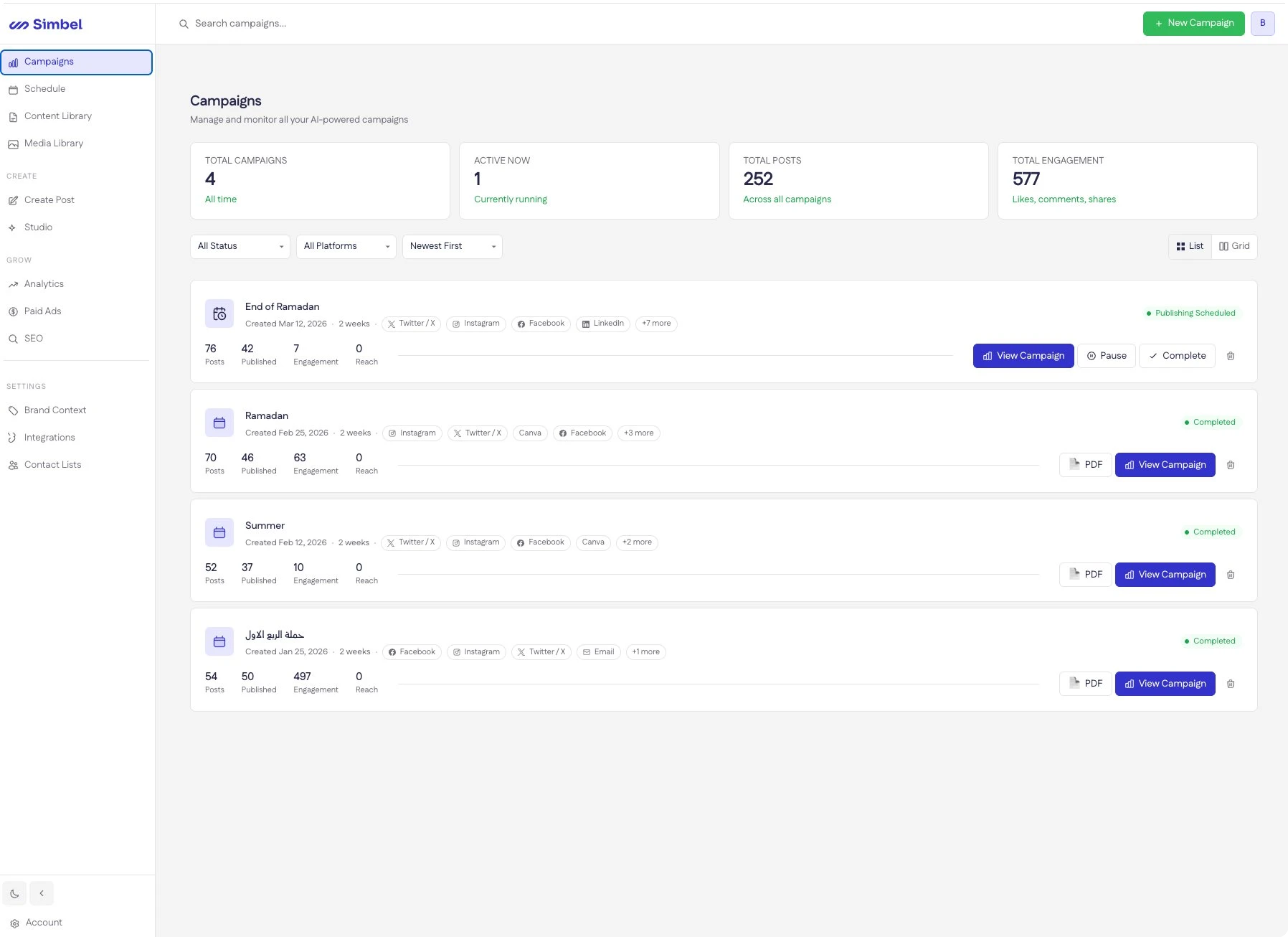 Simbel AI Campaigns Dashboard showing active marketing campaigns with Arabic content