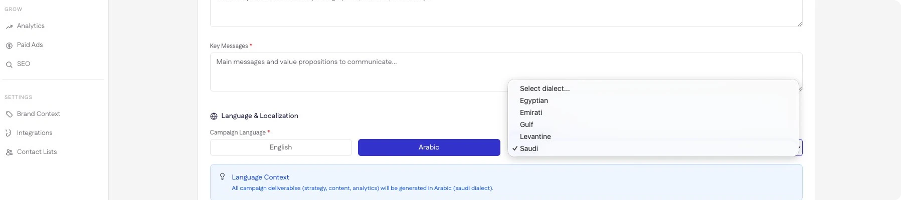 Arabic dialect selector showing Saudi, Egyptian, Emirati, Gulf, and Levantine options