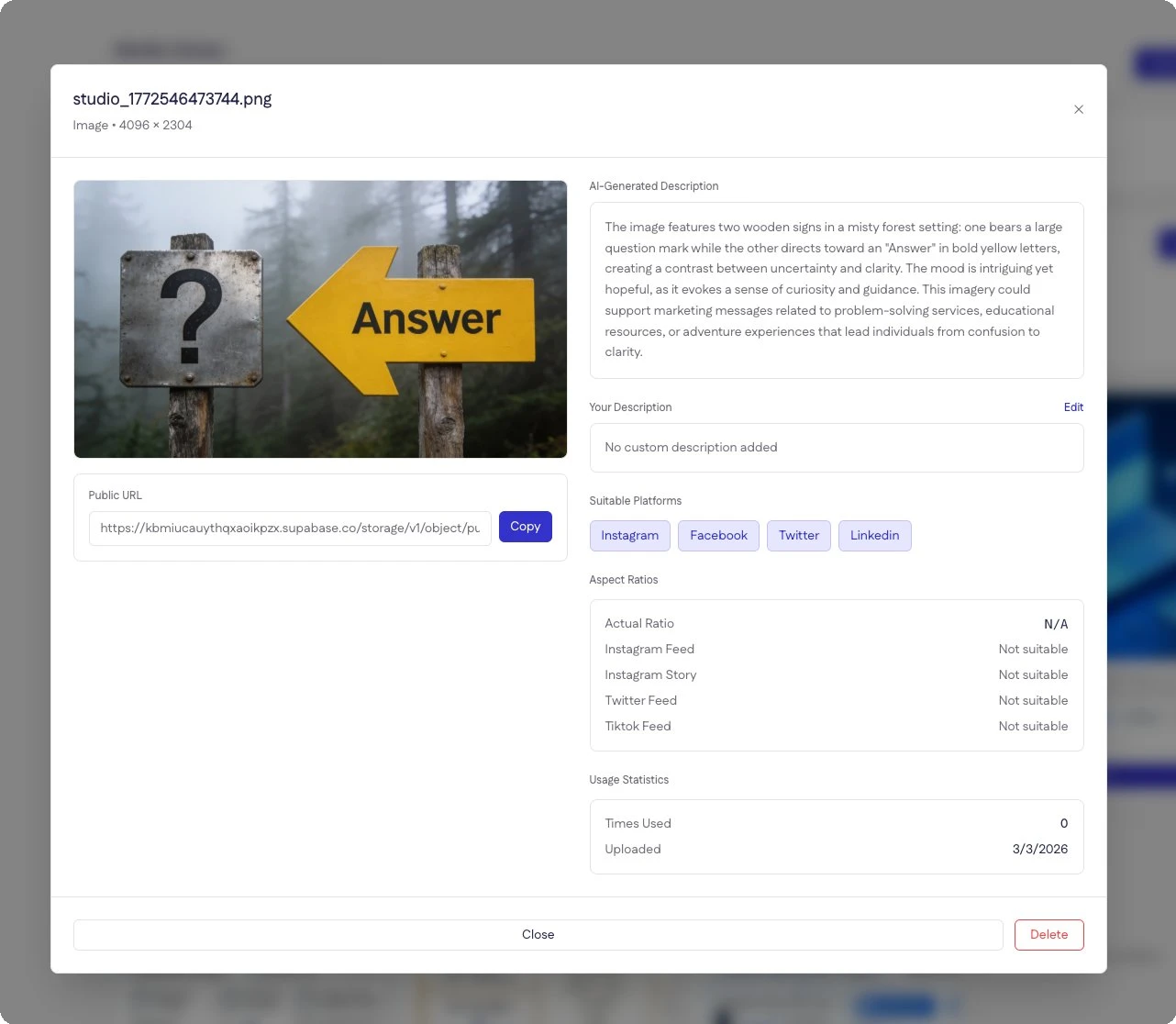 Media library showing AI description and aspect ratios