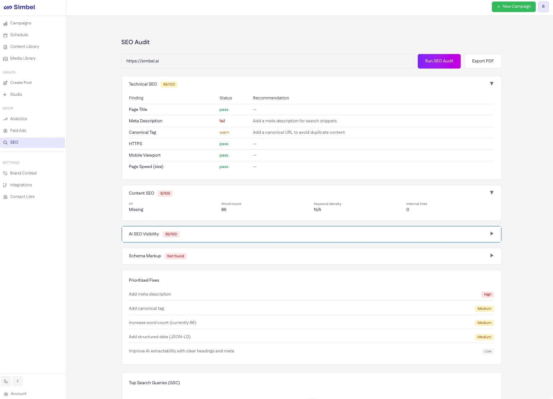 SEO audit with technical and content scores